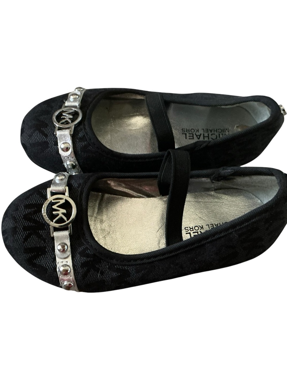 Michael Kors girls size 8 Mary Jane’s shoes black jacquard print silver metal